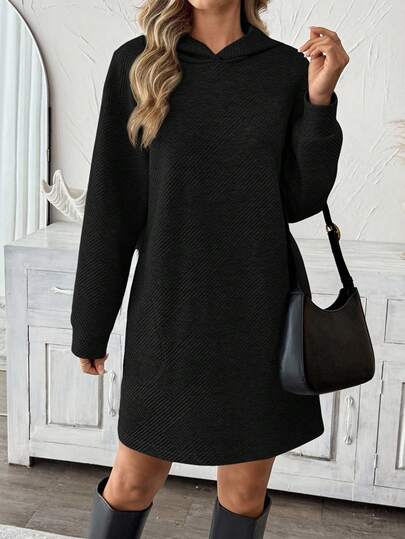 SHEIN LUNE Women's Casual Solid Color Textured Autumn/Winter Basic Outfit Hoodie Dress With Pockets