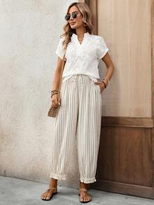 EMERY ROSE Women's Casual Vacation & Commute Striped Print Drawstring Waist Slant Pocket Loose Straight Leg Pants Summer Vacation Outfits Women Summer Holiday Outfits Vacation Outfits For Women Boho Pants Wide Leg Summer Pants Pleated Pants Tassel Pants - Coffee Brown - View 8