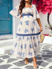 SHEIN Vestido de maternidad de moda con estampado, cuello cuadrado, para verano - Multicolor - Ver 6