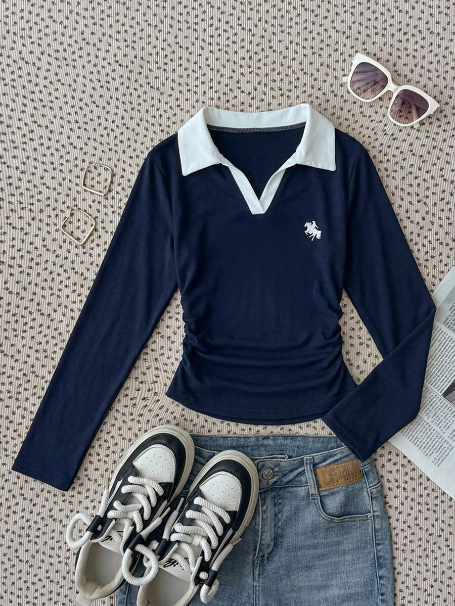 SHEIN Tween Girls White Knit Design Long Sleeve T-Shirt, Fashionable Versatile Casual Basics - Navy Blue - View 1