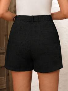 Solivie Summer Casual Linen Bamboo Knot Elegant Embroidered Detail Shorts - Black - View 2