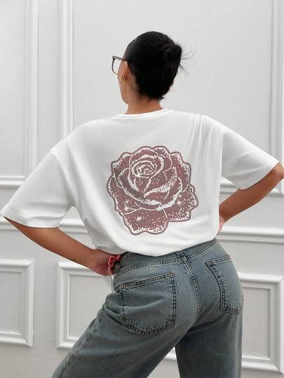 Cloudara White Cotton T-Shirt – Lettering & Rose Rhinestone Back Design, Women's Short Sleeve