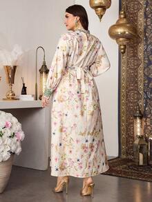 SHEIN Najma 优雅立领花卉贴花腰带喇叭连衣裙，春夏款 - 彩色 - 查看 5