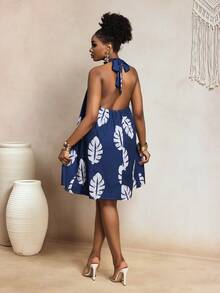 SHEIN BamGlam New Elegant Vacation Digital Print Halter Backless Women Dress, Spring/Summer - Blue - View 2