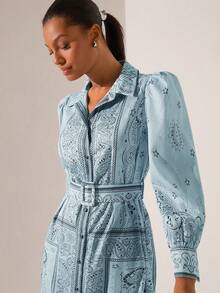 Lilora 女士度假风腰果印花泡泡长袖单排扣优雅衬衫裙 - 彩色 - 查看 2