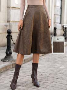 SHEIN Clasi 女士棕色纯色A字优雅日常通勤半身裙，秋冬款 - 棕色 - 查看 3