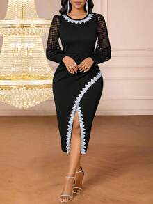 SHEIN Lady Women's Elegant Knitted Long Sleeve Black Dress - Black - View 4