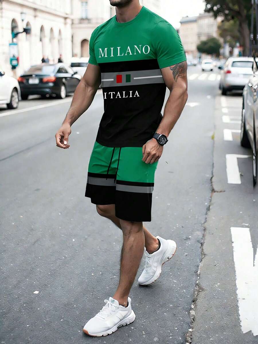 Manfinity Homme Bộ 2 món gồm áo thun cổ tròn và quần short kẻ sọc phối màu cổ điển dành cho nam. - Nhiều màu - Xem 1