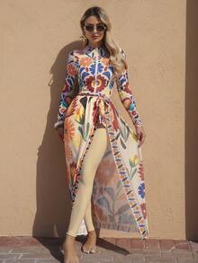 Swim Mulvari Women's New Printed Round Neck Long Sleeve One-Piece Swimsuit, Fitted Long Pants And Beach Skirt 3 Pieces Set - Multicolor - View 3