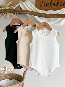 SHEIN Vintaside Kids 男婴夏季多件套圆领无袖简约休闲连体衣，适合居家休闲或户外露营购物。 - 彩色 - 查看 3