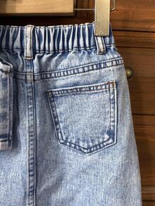 Girls (Small) Casual Fashion Simple Versatile Washed Light Blue Denim Outfit - Blue - View 7