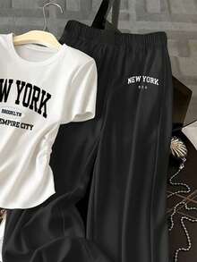 Resyla 女士字母印花褶皱圆领短袖T恤和阔腿裤休闲两件套 - 彩色 - 查看 3