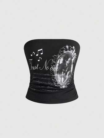 Grunge Punk Maglietta da donna in stile Y2K e Millennium, con stampa di note musicali e sagome retrò