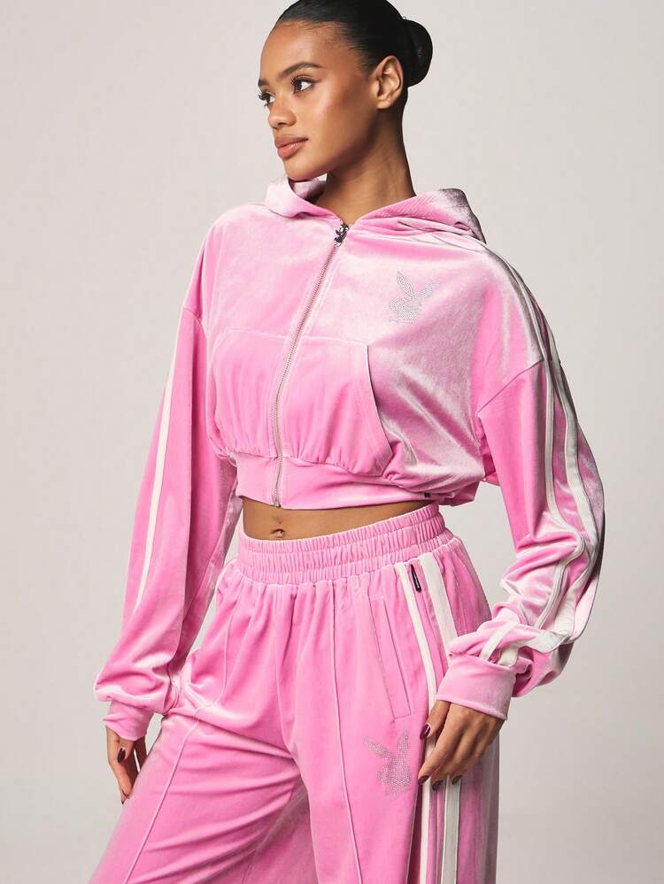 Missguided x Playboy Oversized Crop Zip Up Hoodie With Rhinestone Embellishments And Side Stripe Detailing For Casual Comfort