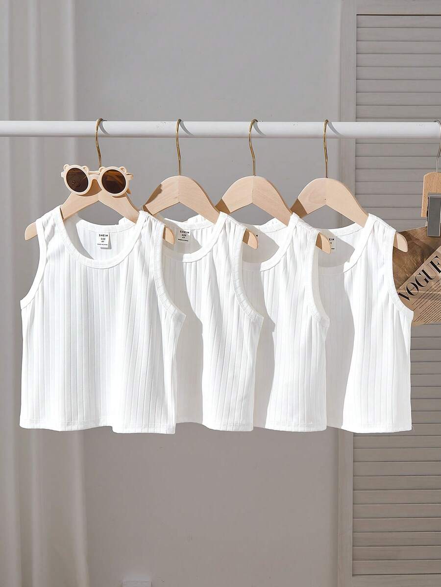 SHEIN 4pcs/Set Dozemod Kids Boys' Solid Minimalist Crew Neck Undershirts - White - View 1