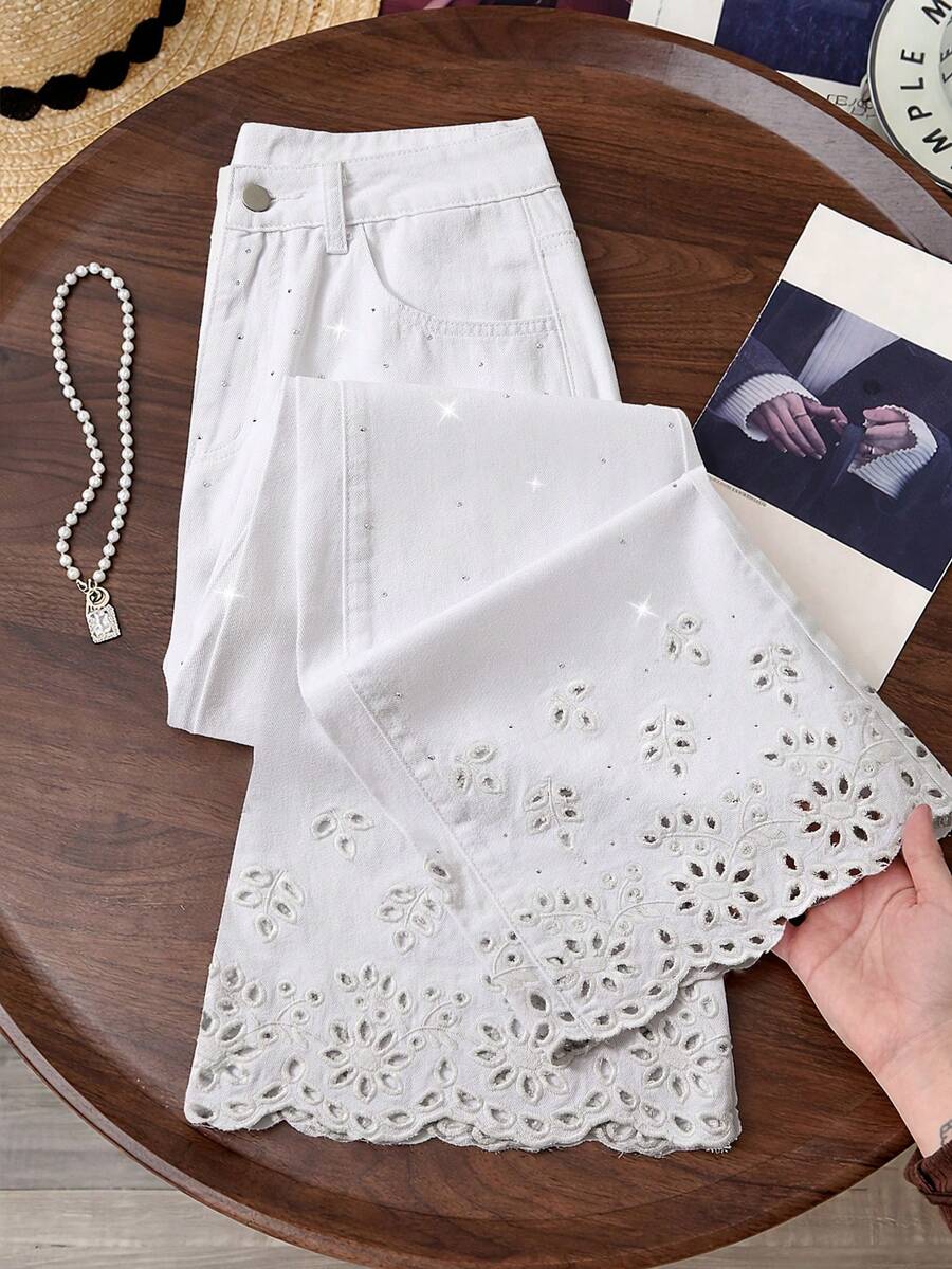 GlowEve Women's Fashionable Casual Mesh Embroidered Denim Jeans - White - View 1