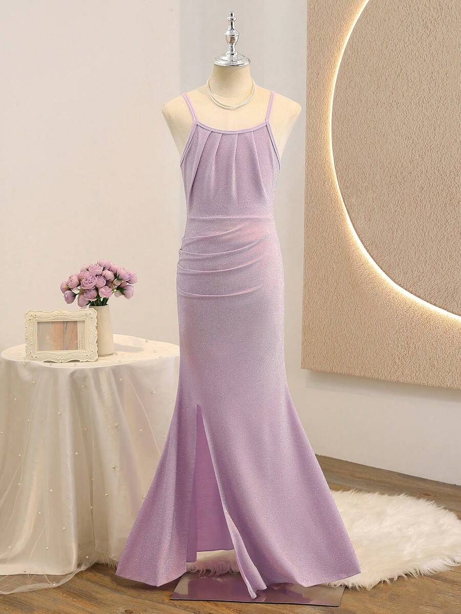 SHEIN Váy suông cạp cao không tay thời trang tối giản thanh lịch dành cho bé gái tuổi mới lớn, xẻ tà, vải dệt kim màu trơn ánh kim, váy phù dâu cao cấp cho đám cưới, lễ tốt nghiệp, màu tím - Màu xanh lam - Xem 1