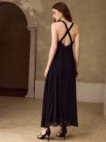 MOTF PREMIUM WOMEN'S V-NECK LACE TRIM MIDI DRESS - Black - View 3