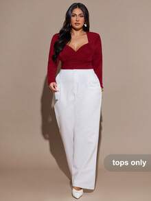 SHEIN BAE Plus Size Women's Black Long Sleeve Crossover Neck Ruched Bodysuit - Burgundy - View 6