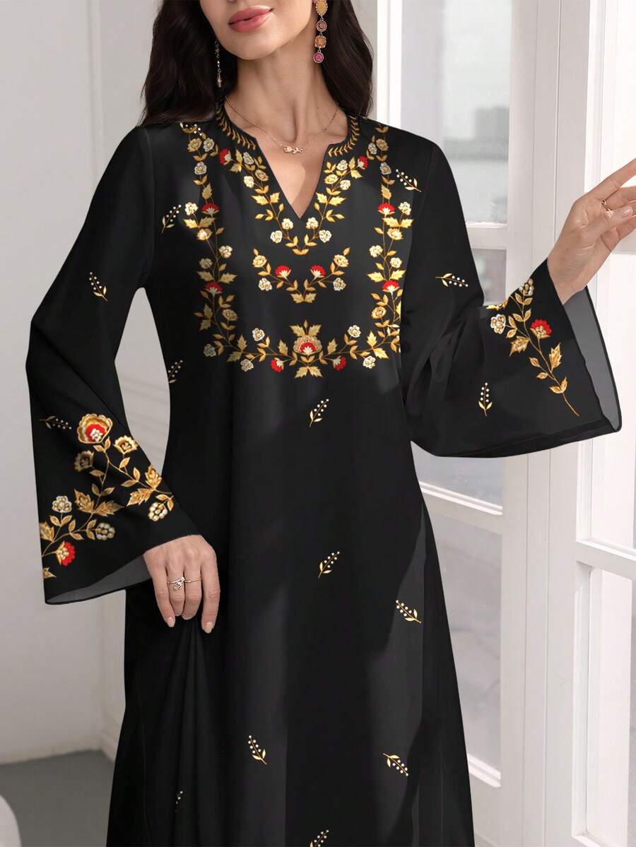 SHEIN Najma 女士花卉叶子印花V领长袖优雅阿拉伯风格连衣裙，春秋季 - 彩色 - 查看 1