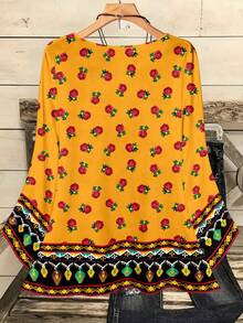 EMERY ROSE Casual Minimalist Black Background Red Rose Geometric Patchwork Placement Retro Print 3/4 Sleeve Women's Shirt Spring - Multicolor - View 2