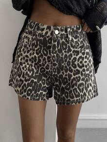 Livesso Women's Leopard Print Casual Loose Fit Denim Shorts With Pockets - Brown - View 6