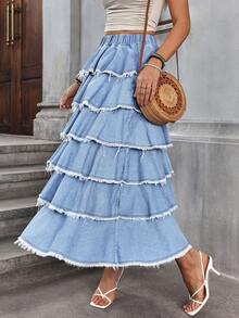 Breezaya Chân váy denim ngắn nữ thời trang thường ngày, kiểu dáng xếp ly, rách gấu. - Màu xanh lam - Xem 6