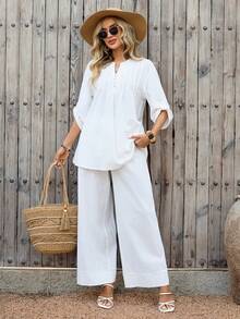 EMERY ROSE 女士度假休闲纯色上衣和裤子两件套 - 軍綠色 - 查看 6