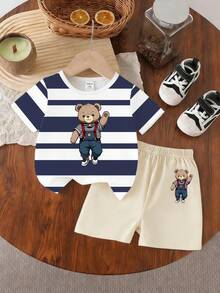 SHEIN Playful Pals 春夏幼儿男童休闲时尚创意个性清新简约可爱卡通熊条纹图案印花舒适基础款短袖T恤短裤套装，温暖夏秋装 - 彩色 - 查看 4
