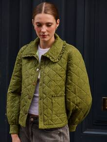 lacRébo Winter Green Quilted Jacket With Ruffled Collar And Button Front Winter Women Clothes Spring Summer  New Year - Army Green - View 5