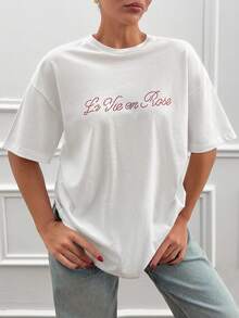 Cloudara White Cotton T-Shirt – Lettering & Rose Rhinestone Back Design, Women's Short Sleeve - White - View 3