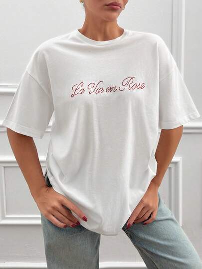 Cloudara White Cotton T-Shirt – Lettering & Rose Rhinestone Back Design, Women's Short Sleeve