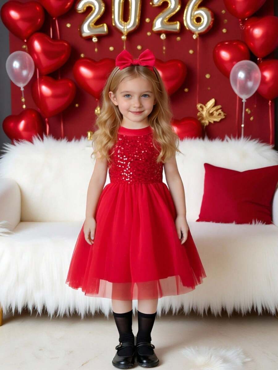 Glamorique Kids 一件红色女童吊带连衣裙，上半身饰有亮片，下半身是蓬松的网纱裙摆，适合表演、宴会和其他正式场合，展现童真和优雅。 - 紅色 - 查看 1
