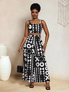 SHEIN BamGlam 新款复古极简性感数码印花无袖背心和长裤两件套，适合春夏度假穿着 - 黑色 - 查看 6