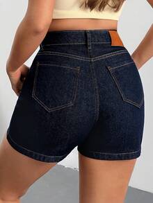 SHEIN Cottnline 100% Cotton Women's High Waist Slant Pocket Casual Denim Shorts Stretchy Jean Shorts Micro Short Women's Jean Short Curve Denim Short Cowboy Shorts For Women Jean Short Low Rise - Dark Wash - View 2