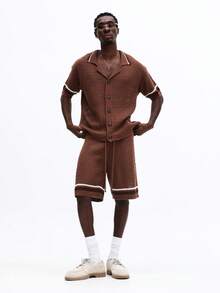 SUMWON Knit Cardigan And Shorts Co-Ord Set With Button Front Closure Cable Knit Texture White Contrast Trim Details Vacation - Coffee Brown - View 1