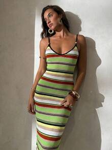 Aloruh Women's Spring/Summer New Knitted Crochet Dress, Criss-Cross Backless Striped Bohemian Dress, Elegant Vacation Dress - Multicolor - View 7