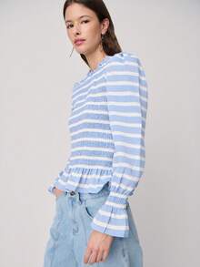 Nöista Striped Blouse Features Puffed Long Sleeves With Ruffled Cuffs And A Delicate Peplum Hem. Fitted Silhouette. Spring, Summer. - Blue - View 3
