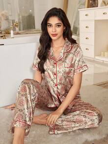 SHEIN Faux Silk Geometric Print Lapel Short Sleeve Pajama Set - Multicolor - View 1