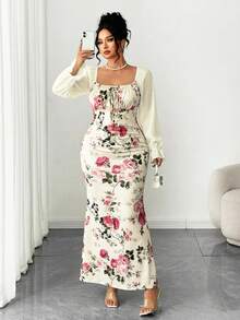 Elenzga 大码新款女式方领蝴蝶结雪纺泡泡袖设计长款连衣裙，适合约会、派对、日常穿着，收腰设计，修身显瘦，优雅青春，长款连衣裙，适合春、夏、秋季穿着。荷叶边鱼尾裙两件套连衣裙，优雅碎花连衣裙，女式牛仔连衣裙，优雅连衣裙，女式度假套装，优雅女装，女装连衣裙，女式正装 - 杏色 - 查看 6