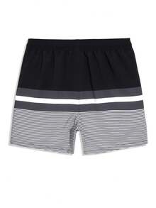 Manfinity Swimmode Men Loose Striped Beach Shorts In Vacation Style Milk Silk Lining - Black - View 2
