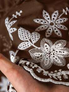 CosyJoli 大码休闲浪漫刺绣拼接V领收腰喇叭长袖女式衬衫，秋季款 - 咖啡棕 - 查看 6