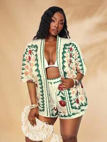 SHEIN SXY Plus Size Boho Multicolor Floral Print Woven Fabric Two Piece Shorts Set With Drop Shoulder Short Sleeve Blouse And Knot Details - Multicolor - View 3