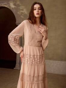 MOTF PREMIUM WOMEN'S ELEGANT ROMANTIC LACE PATCHWORK DRESS, SUITABLE FOR SPRING/SUMMER DATES - Dusty Pink - View 5