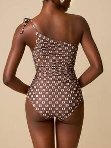 Swim Chiccia Women's Geometric Print Ruched One-Piece Swimsuit, Vacation - Brown - View 2