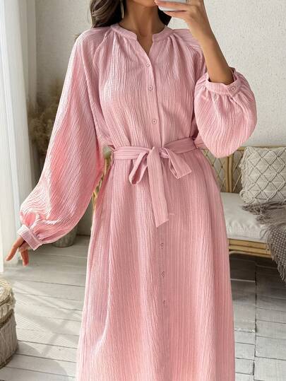 Vivie Lora Women's Loose Waist Textured Mid-Length Shirt Dress