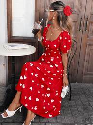 Pariaura Women's Spring/Summer Valentine's Day Romantic, Elegant, Charming, Dinner Party Dress With Sweetheart Neckline, Short Sleeves, High-Waisted, Flowy Red Heart Print Dress