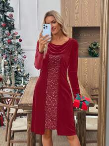 EMERY ROSE 女士垂褶领长袖拼接亮片印花时尚连衣裙 - 酒紅色 - 查看 6