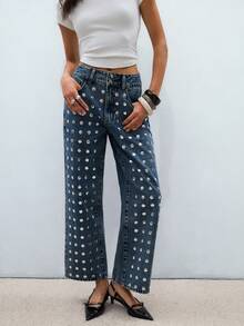 ATUI Studio 女士时尚休闲高腰口袋直筒牛仔裤 - 藍色 - 查看 3