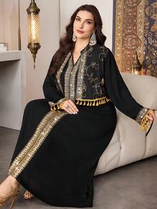 Al Najma Plus Size Women's Embroidered Long Sleeve Dress With Tassel Details, Suitable For Spring/Autumn Daily Wear And Gatherings - Black - View 1